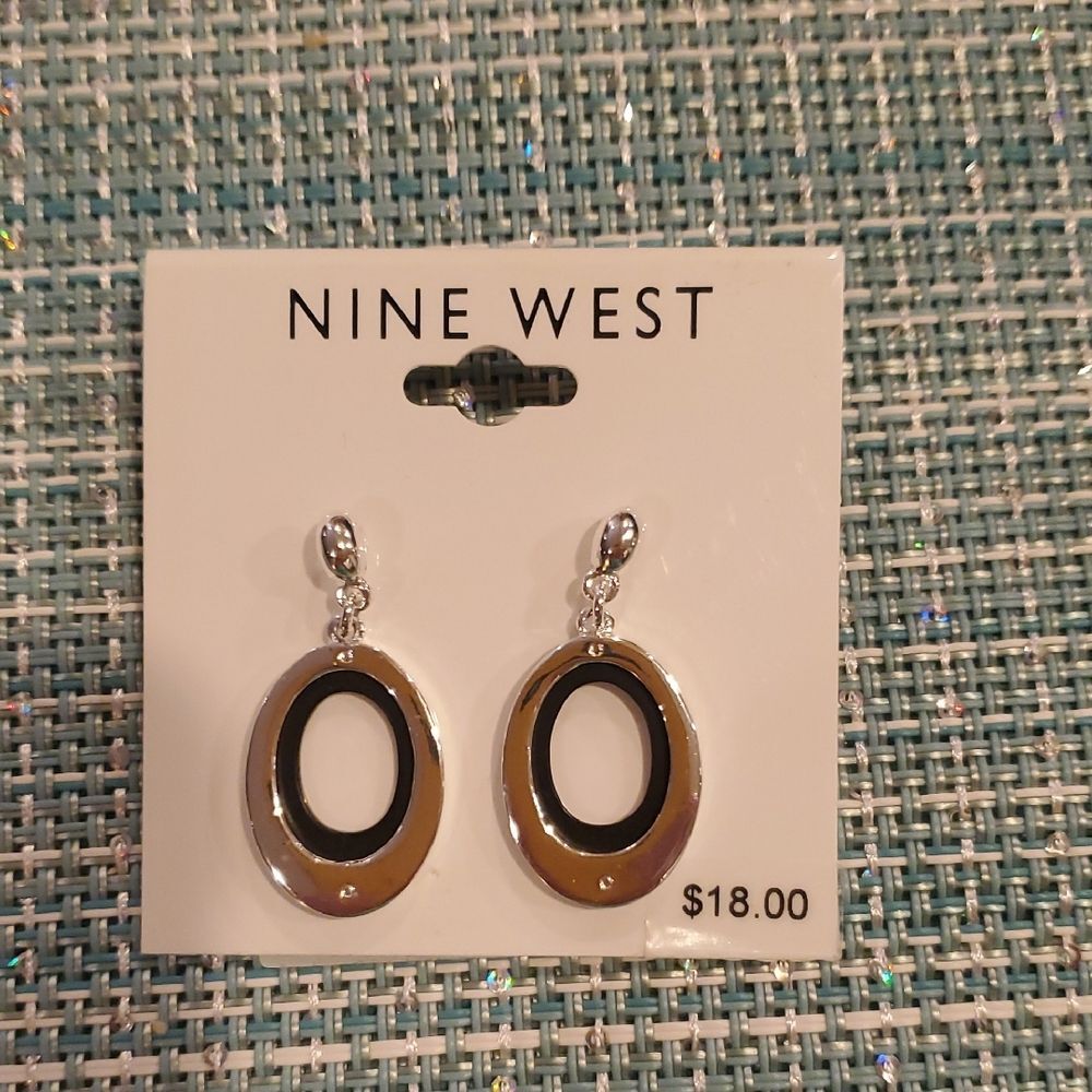 Nine West Silver and Black Oval Pierced Dangle Earrings